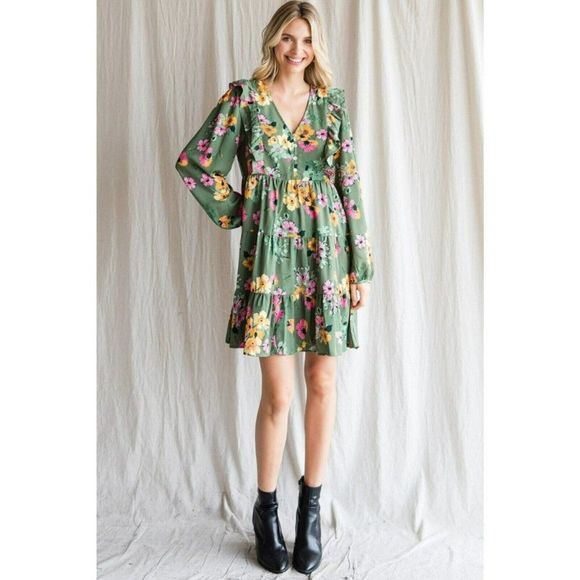 JODIFL Emerald Green Floral Print Dress Buttons Ruffled Fall New S-L H20347 - Picture 4 of 6